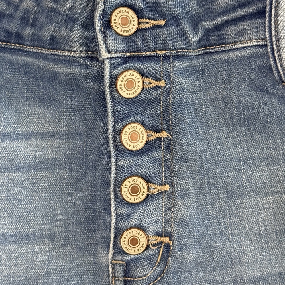 KanCan Denim Shorts Sz 2XL Blue Button Fly Raw Hem Distressed High Rise Stretch - Picture 4 of 5